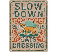 Vinstralivye Vintage Metal Tin Signs 12x16IN SLOW DOWN CATS CROSSING Sign Funny Garage Man Cave Decor