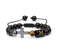 Vinswet Initial Beaded Bracelets for Men,8mm Tiger Eye Obsidian Hematite Triple Protection Bracelet,Handmade Mens Letter Lava Rock Stone Bracelet Stress Relief Yoga Beads Bracelets Adjustable Anti