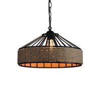 Vintage 1-Lights Hand Weaved Round Rustic Hemp Rope Woven Pendant Lamp Black Metal Finish Dining Room Lighting Chandelier Retro Country Hanging E27 E26 Fixture for Room, Living Bedroom