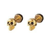 Vintage 16G Gothic Skull Flat Screw Back Stud Earrings for Women Men, Gold-Tone Stainless Steel Punk Rock Sleeper - Halloween Alternative Fashion Trendy Jewellery Gift