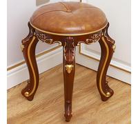 Vintage 17'' Vanity Stool Chair with Carved Legs Upholstered Round Makeup Stool for Bedroom Stylish & Durable Supports 240 lbs Light Brown Finish.