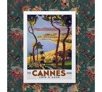 Vintage 1930's Cannes Cote D'Azur French Travel Poster Wall Art Print | (A3 Framed - White Frame)