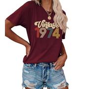 Vintage 1974 Tees Shirt Women Summer Harajuku Vintages Tops Crew Neck Shot Sleeve T-Shirt 50th Birthday Gift Tshirts (XXL,Wine Red)