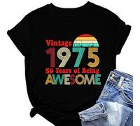 Vintage 1975 50 Years of Being Awesome Women Tees Shirt 50th Birthday Summer Tops 50th Birthday Gifts T Shirt (Black,M)