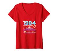Vintage 1984 Legends Born Retro Gaming Car Graphic V-Neck T-Shirt, Women, Red, XXL