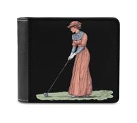 Vintage 19th Century Golfing Woman Bi-fold Men's Wallets with 6 Card Slots Slim Travel Purse Leather Money Clip