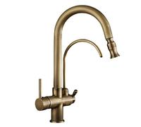 Vintage 3-Way Kitchen Faucet, High Arc Swan Neck, Dual Spout Water Mixer with Pull-Down Spray, Antique Style for Modern Home, and Stylish Design