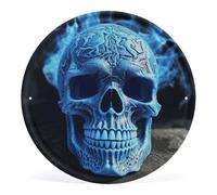 Vintage 3D Print Blue Skull Wall Art Round Mental Wall Plaque Hanging Decoration Modern Circular Rustic Artwork Sign 12" X 12" For Bedroom Living Room Office Outdoor