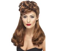 Vintage 40s Brown Wig Ladies Long Fancy Dress Costume Accessory