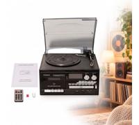 Vintage 7-in-1 Record Player, Retro Music Center Vinyl Turntable System | 3-Speed Vinyl Stereo System with CD Cassette Player, Wireless Streaming, FM Radio and Built-in Speakers(Black)