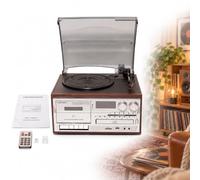 Vintage 7-in-1 Record Player, Retro Music Center Vinyl Turntable System | 3-Speed Vinyl Stereo System with CD Cassette Player, Wireless Streaming, FM Radio and Built-in Speakers(Brown)