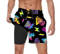 Vintage 80s Memphis Mens Beach Shorts Funny Elastic Waist Quick Dry Swim Trunks, Black Short, L