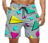 Vintage 80s Memphis Mens Beach Shorts Funny Elastic Waist Quick Dry Swim Trunks, Multicolor, M