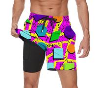 Vintage 80s Memphis Mens Beach Shorts Funny Elastic Waist Quick Dry Swim Trunks, Red Short, L