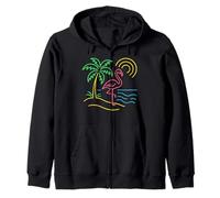 Vintage 80s Pink Flamingo Palm Tree Summer Vacation Beach Zip Hoodie