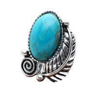 Vintage 925 Sterling Silver Imitate Turquoise Leaf Ring for Women, Boho Style Handmade Carved Dainty Charm Natural Gemstone Ring Gift, Retro Gypsy Ethnic Promise Statement Ring Size 10