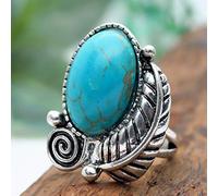 Vintage 925 Sterling Silver Imitate Turquoise Leaf Ring for Women, Boho Style Handmade Carved Dainty Charm Natural Gemstone Ring Gift, Retro Gypsy Ethnic Promise Statement Ring Size 9