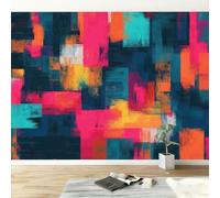 Vintage Abstract Neon Colour Blocks Modern Panoramic Wall Mural, Colourful High-Resolution Non-Woven Wallpaper 450W x 315H cm - Oversized 3D Visual Art Poster for Kids Room, Bedroom & Corridor