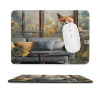 Vintage Abstract Open Window Non-Slip Base Mouse Pad,Cute Rustic Fox Spring Garden Dandelion Flowers Stitched Edges for Decoration,Most Types of Mouse 9.4"x7.9"