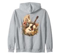 Vintage Acoustic Guitar Floral Moon Design Zip Hoodie