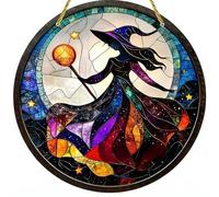 Vintage Acrylic Sun Catcher for Windows, Moon & Witch Gothic Stained Glass Ornament, 20x20cm