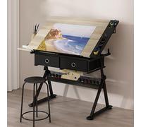 Vintage Adjustable Drafting Table and Stool Set - Tilted Tabletop (0°-80°) for Artists, Office, School, and Study - Height Adjustable from 26.8" - Perfect Workspace Solution