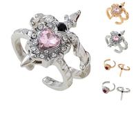 Vintage Adjustable Sword Piercing Heart Ring Set, Cross and Heart Ring, Unique Minimalist Style Open Couple Rings for Her Romantic Gift (Silver - Pink)