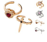 Vintage Adjustable Sword Piercing Heart Ring Set, Cross and Heart Ring, Unique Minimalist Style Open Couple Rings for Her Romantic Gift (Gold- Red)