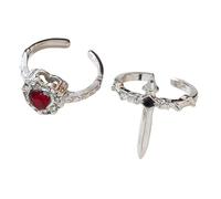 Vintage Adjustable Sword Piercing Heart Ring Set, Cross and Heart Ring, Unique Minimalist Style Open Couple Rings for Her Romantic Gift (D)