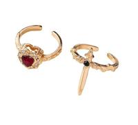 Vintage Adjustable Sword Piercing Heart Ring Set, Cross and Heart Ring, Unique Minimalist Style Open Couple Rings for Her Romantic Gift (C)