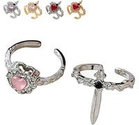 Vintage Adjustable Sword Piercing Heart Ring Set, Gothic Dagger Heart Rings with Rhinestone, Interlocking Jewelry, Romantic Gift for Her/Him (Silver - Pink)