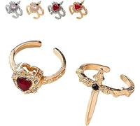 Vintage Adjustable Sword Piercing Heart Ring Set, Gothic Dagger Heart Rings with Rhinestone, Interlocking Jewelry, Romantic Gift for Her/Him (Gold - Red)