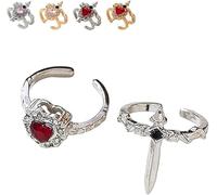 Vintage Adjustable Sword Piercing Heart Ring Set, Gothic Dagger Heart Rings with Rhinestone, Interlocking Jewelry, Romantic Gift for Her/Him (Silver - Red)
