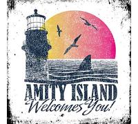 Vintage Advertising Wall Tin Plaque Large Square 20x20cm Pub Shed Bar Man Cave Home Bedroom Office Kitchen Gift Metal Sign - Amity Island Beach Town Welcomes You Shark Movie JAWS inspired