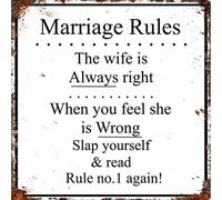 Vintage Advertising Wall Tin Plaque Large Square 20x20cm Pub Shed Bar Man Cave Home Bedroom Office Kitchen Gift Metal Sign - Warning Marriage Rules Wife Always Right Fun Rules