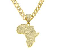 Vintage Africa Diamond Maps Pendant Necklaces -Hip Hop Rock Personality Men'S Necklace Textured Cuban Chain African Map Pendant Creative Punk Style Jewelry Gift For Men And Women,Gold Color,50Cm