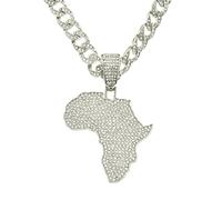 Vintage Africa Diamond Maps Pendant Necklaces -Hip Hop Rock Personality Men'S Necklace Textured Cuban Chain African Map Pendant Creative Punk Style Jewelry Gift For Men And Women,Silver Color,50Cm