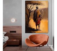 Vintage African Tribal Painting Poster Chief Maasai Tribe Black Canvas Painting Print Wall Art Living Room Decor 30x45cm Frameless