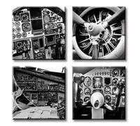 Vintage Airplane Canvas Wall Art, B&W Cockpit Print 12×12 Inch 4 Panel Set
