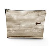 Vintage Airplane Pattern,Makeup Bags Travel Makeup Bag,Airplane Cloudy Skies Print,for Women Large Cosmetic Bag Linen Makeup Organizer Toiletry Bags Purse Pouch,Brown,7x9in