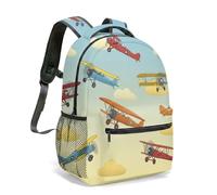 Vintage Airplane Retro Sky Scene 16 Inch Full Print Backpack Bright Whimsical Clouds Sun Pattern Colorful Travel Rucksack (02)