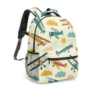 Vintage Airplane Retro Sky Scene 16 Inch Full Print Backpack Bright Whimsical Clouds Sun Pattern Colorful Travel Rucksack (01)