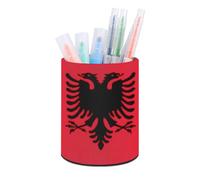 Vintage Albania Albanian Eagle Flag PU Leather Pencil Holder Round Pen Organizer & Desk Storage Cup Stylish Office Supplies