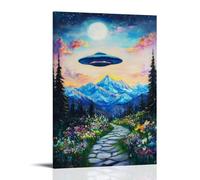 Vintage Alien Wall Art, Retro 70s Desert Landscape UFO Trippy Canvas Hanging Paintings Poster Classic Sci Fi Spaceship Art Print for Bedroom Living Room Office 12x18inch(30x45cm)