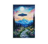 Vintage Alien Wall Art, Retro 70s Desert Landscape UFO Trippy Canvas Hanging Paintings Poster Classic Sci Fi Spaceship Art Print for Bedroom Living Room Office 16x24inch(40x60cm)