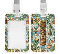 Vintage Aloha Tiki Pattern Badge Holder Waterproof Plastic ID Card Badge Holders with Lanyard Vertical Card Case Protector Pouch Clear Window Work Badges for Women Men