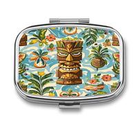 Vintage Aloha Tiki Pattern Pill Box 2-Compartment Portable Pill Case Square Metal Medication Organizer Small Weekly Medication Case with Mirror Stylish Vitamin Holder for Purse Pocket Travel
