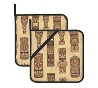 Vintage Aloha Tiki Pattern Print Pot Holders Sets â€“ Heat Resistant Potholders, 2-Pack Kitchen Oven Mitts for Baking, BBQ, Microwave