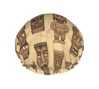 Vintage Aloha Tiki Pattern Print Shower Cap â€“ Reusable, Double Layer, with Elastic Band â€“ Perfect for Home, Spa, Hotel, and Travel