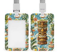 Vintage Aloha Tiki Pattern Retractable ID Badge Holder with Lanyard Vertical Badge Reel Keychain Clip Name Tag Id Card Holder Protector for Nurse Officer Teacher Security Staff Women Men